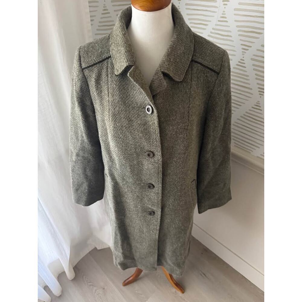 Vintage Women’s Large Green Gray Wool Tweed Trench Utility Coat - Picture 2 of 10